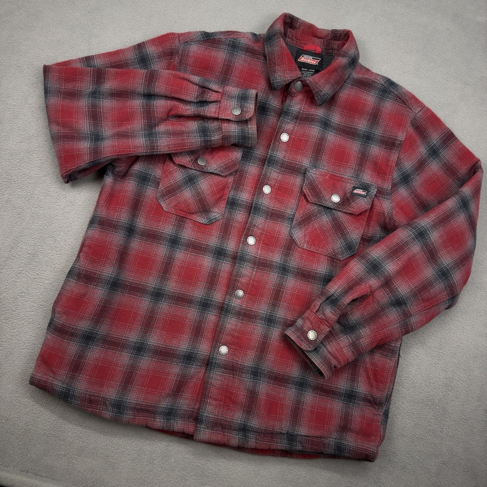 Dickies Shirt Jacket Mens L Red Plaid Sherpa Fleece Lined Shacket Heavy Workwear